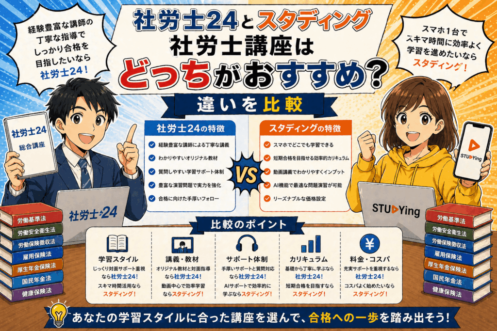 社労士24とスタディング社労士講座はどっちがおすすめ？違いを比較