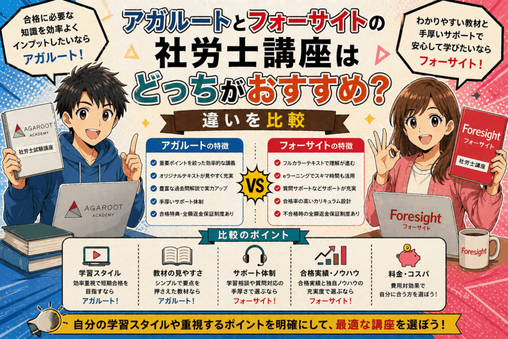 アガルートとフォーサイトの社労士講座はどっちがおすすめ？違いを比較