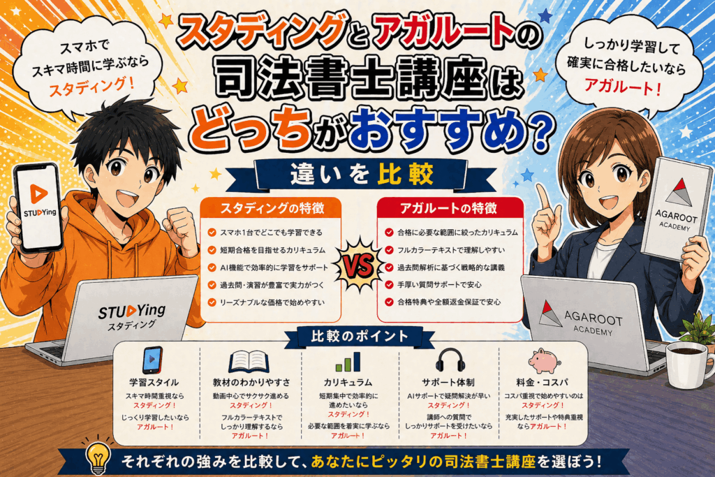 スタディングとアガルートの司法書士講座はどっちがおすすめ？違いを比較