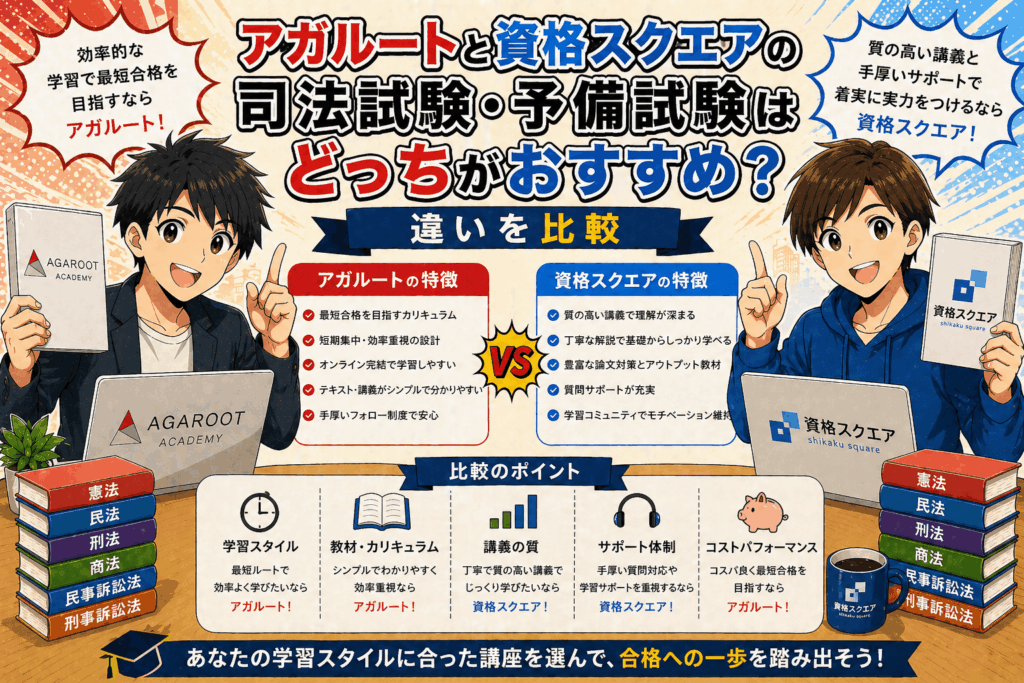 アガルートと資格スクエア司法試験予備試験はどっちがおすすめ？違いを比較