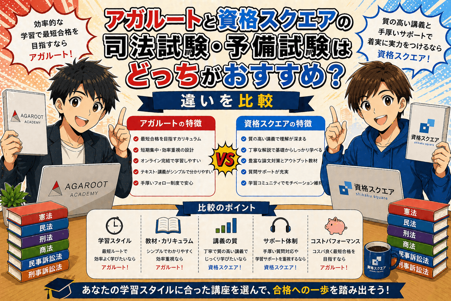 アガルートと資格スクエア司法試験予備試験はどっちがおすすめ？違いを比較