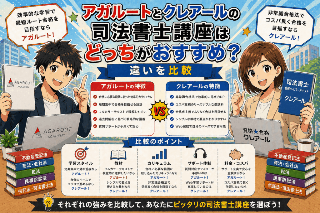 アガルートとクレアールの司法書士講座はどっちがおすすめ？違いを比較