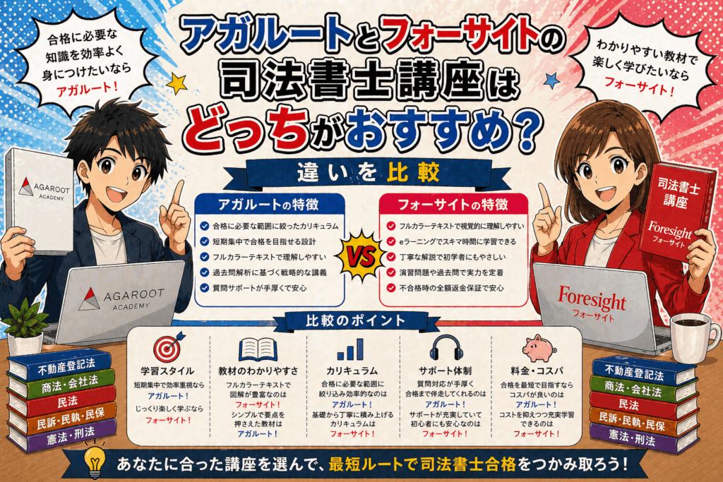 アガルートとフォーサイトの司法書士講座はどっちがおすすめ？違いを比較