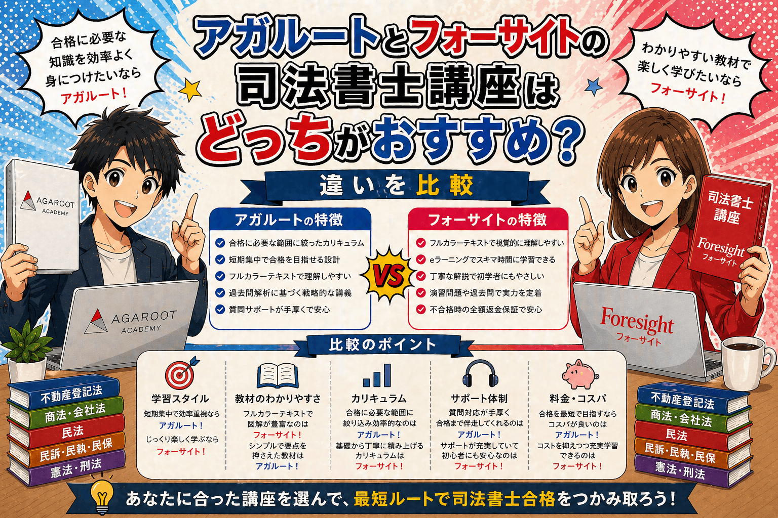 アガルートとフォーサイトの司法書士講座はどっちがおすすめ？違いを比較