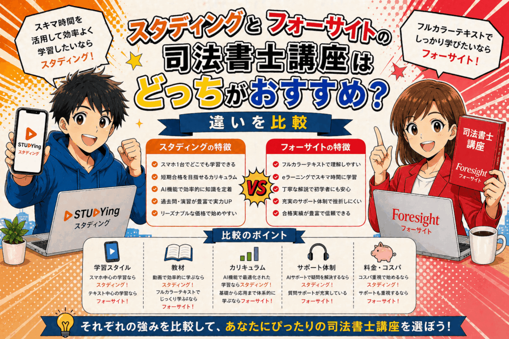 スタディングとフォーサイトの司法書士講座はどっちがおすすめ？違いを比較