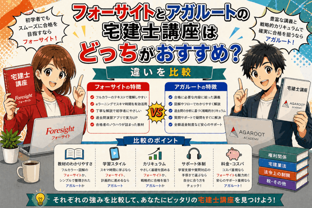 フォーサイトとアガルートの宅建士講座はどっちがおすすめ？違いを比較