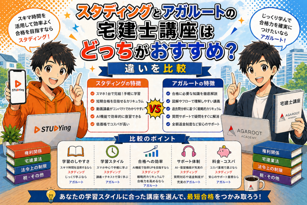 スタディングとアガルートの宅建士講座はどっちがおすすめ？違いを比較