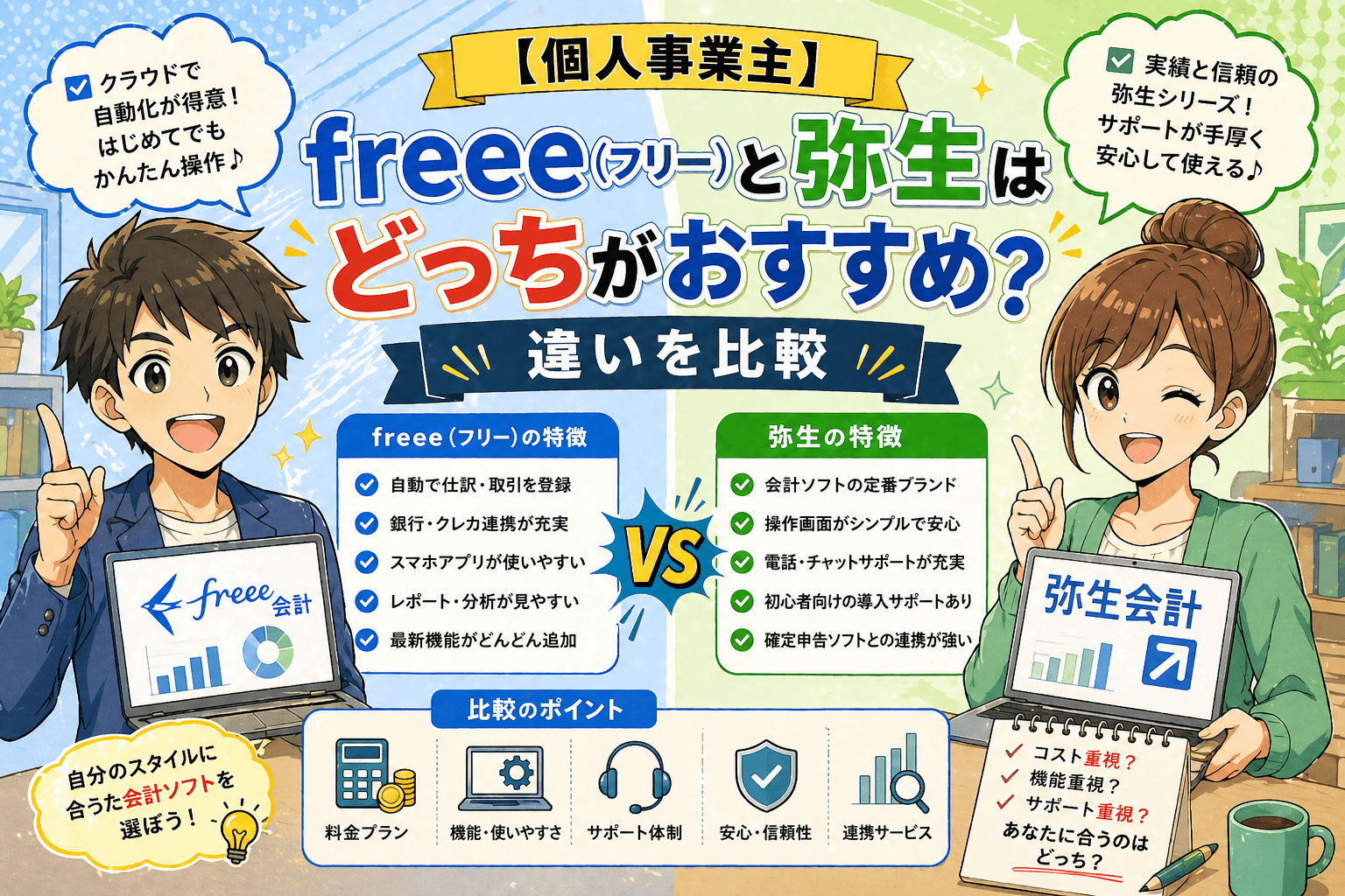 【個人事業主】freee（フリー）と弥生はどっちがおすすめ？違いを比較