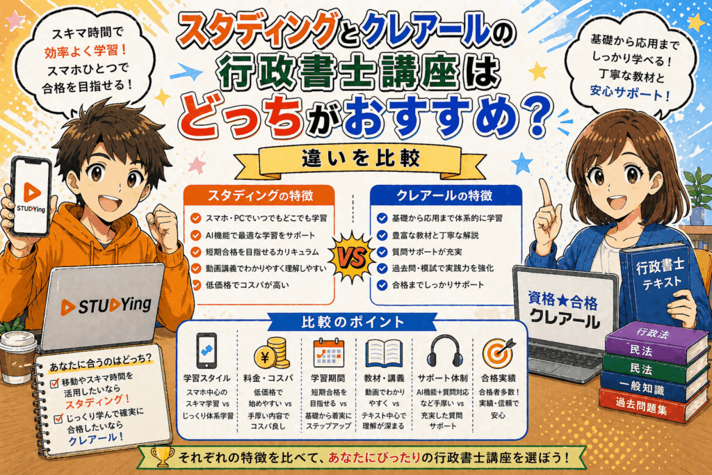 スタディングとクレアールの行政書士講座はどっちがおすすめ？違いを比較