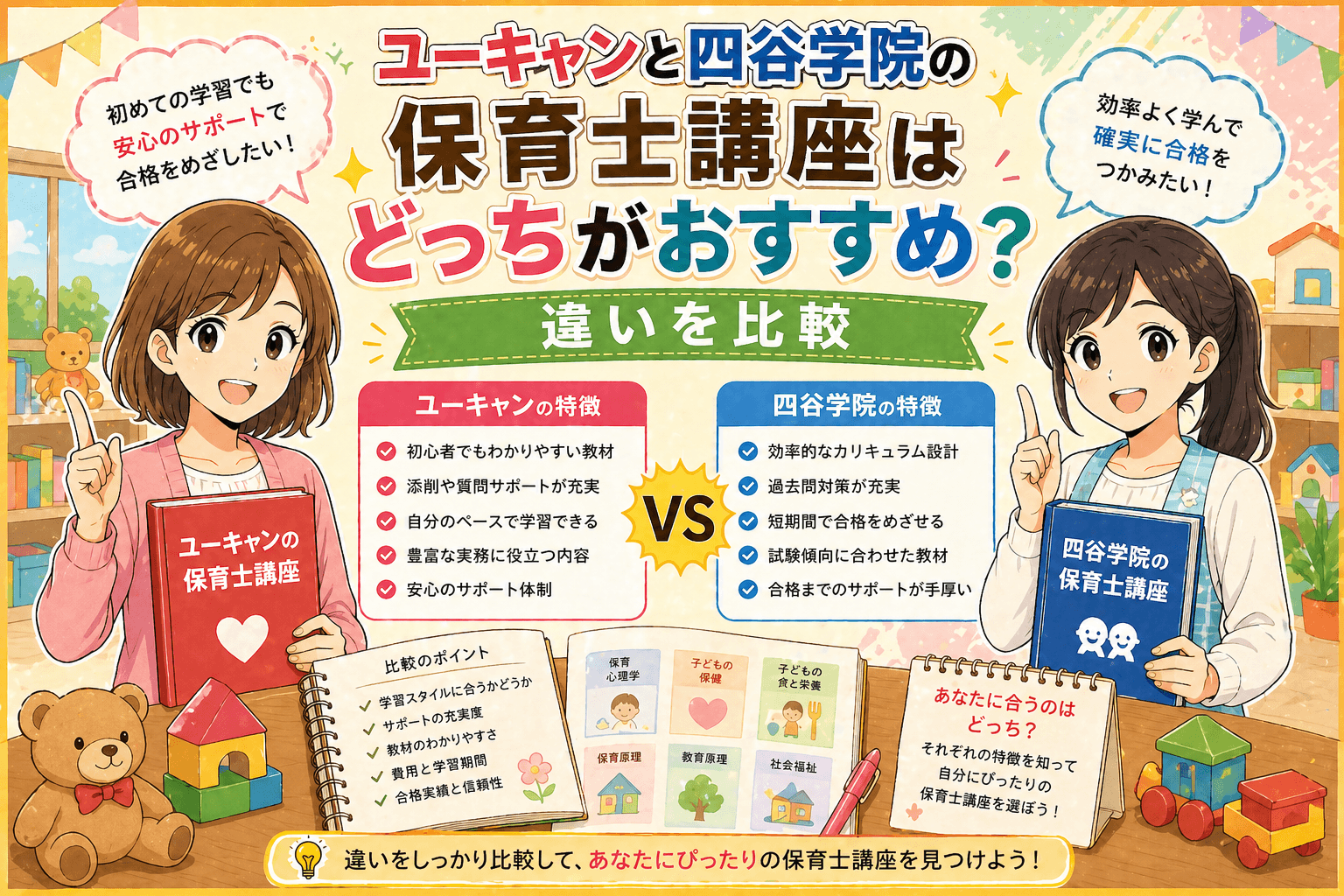 ユーキャンと四谷学院の保育士講座はどっちがおすすめ?違いを比較