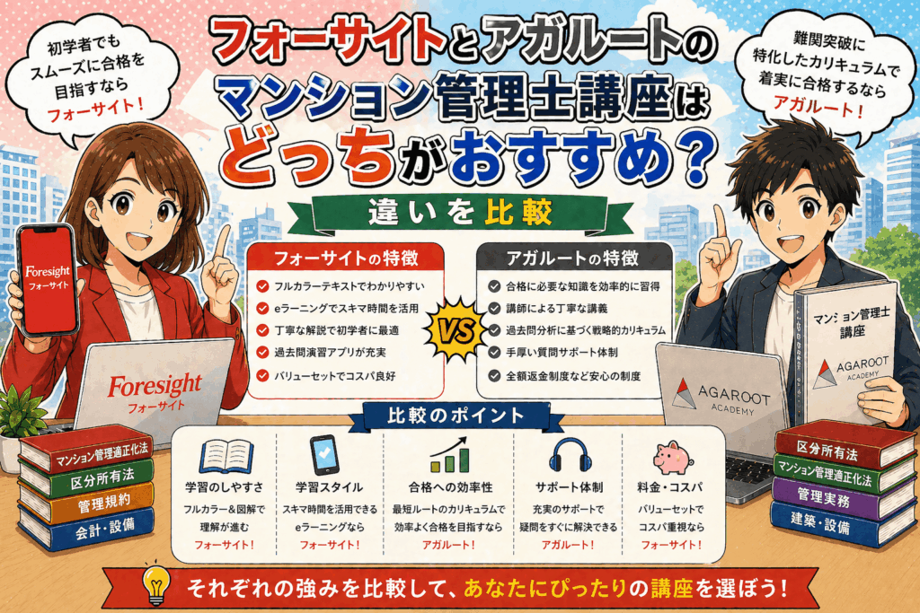 フォーサイトとアガルートのマンション管理士講座はどっちがおすすめ？違いを比較