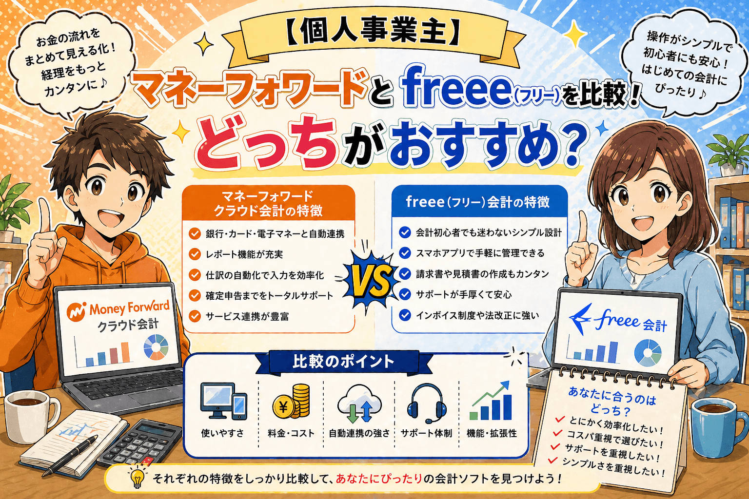【個人事業主】マネーフォワードとfreee（フリー）を比較！どっちがおすすめ？
