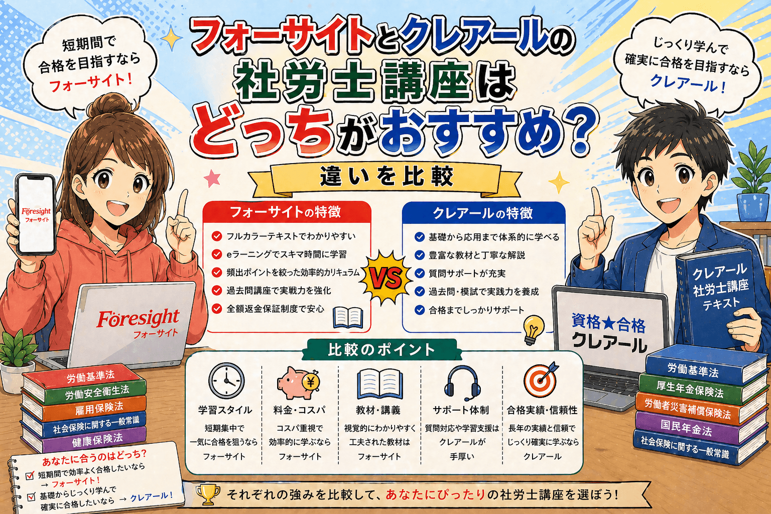 フォーサイトとクレアールの社労士講座はどっちがおすすめ？違いを比較
