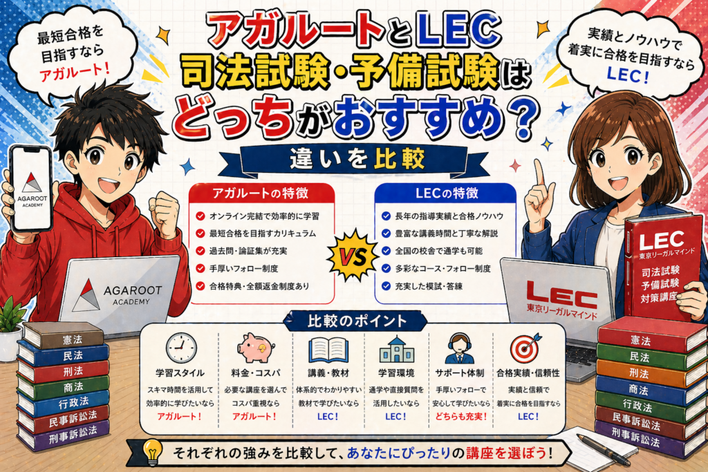 アガルートとLEC司法試験予備試験はどっちがおすすめ？違いを比較