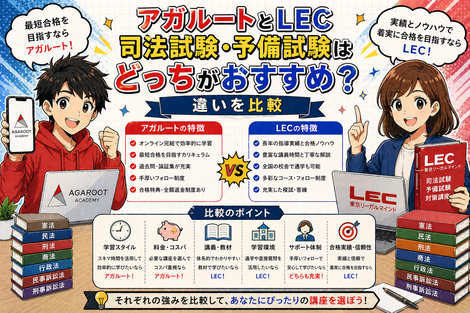 アガルートとLEC司法試験予備試験はどっちがおすすめ？違いを比較