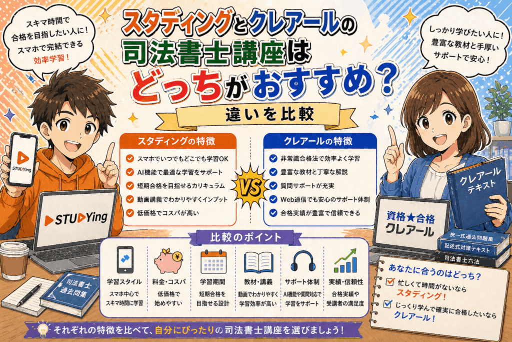 スタディングとクレアールの司法書士講座はどっちがおすすめ？違いを比較