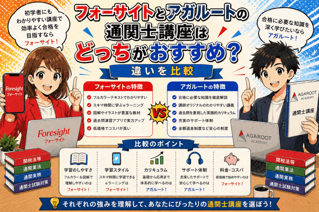 フォーサイトとアガルートの通関士講座はどっちがおすすめ？違いを比較