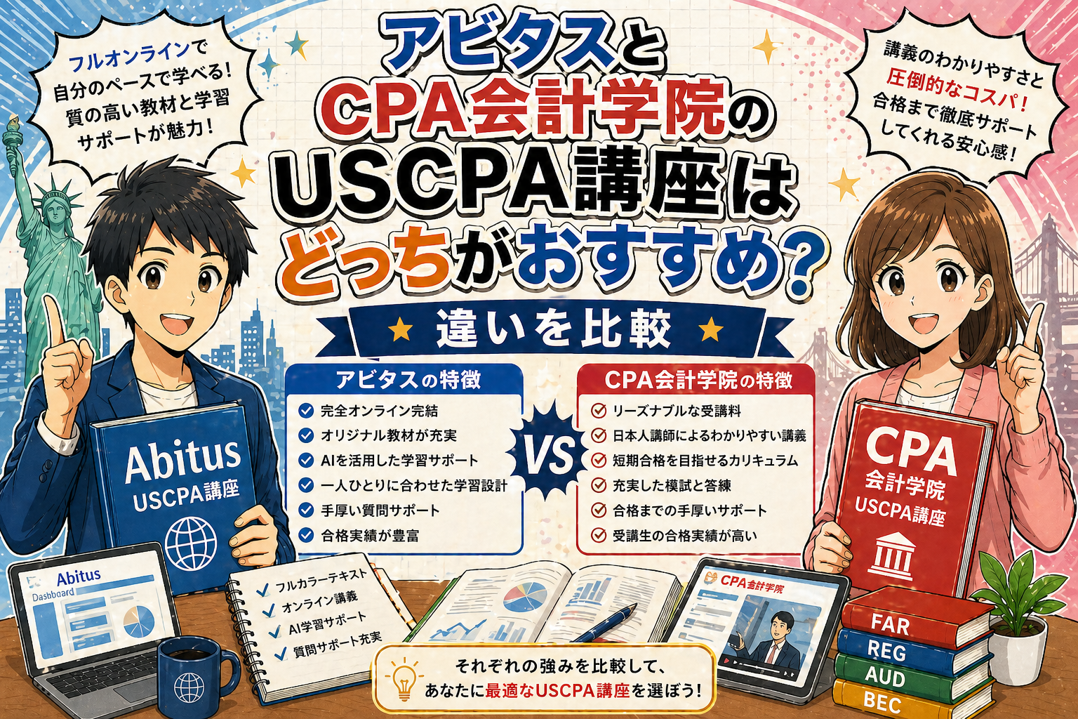 アビタスとCPA会計学院のUSCPA講座はどっちがおすすめ？違いを比較