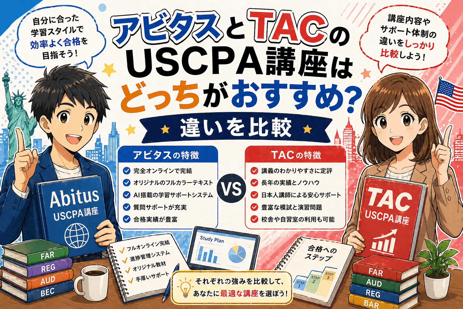 アビタスとTACのUSCPA講座はどっちがおすすめ？違いを比較