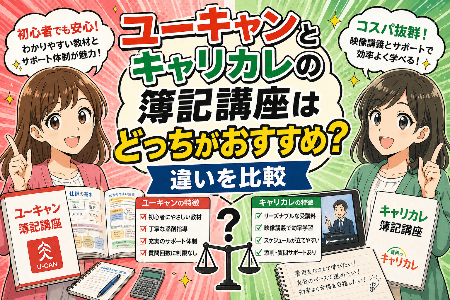 ユーキャンとキャリカレの簿記講座はどっちがおすすめ?違いを比較